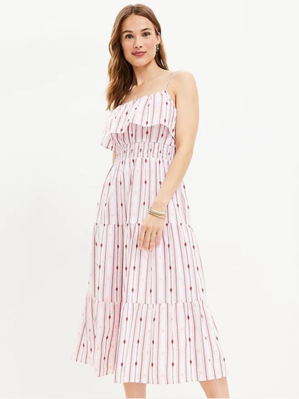 LOFT Striped Ruffle Strappy Midi Dress, Size M